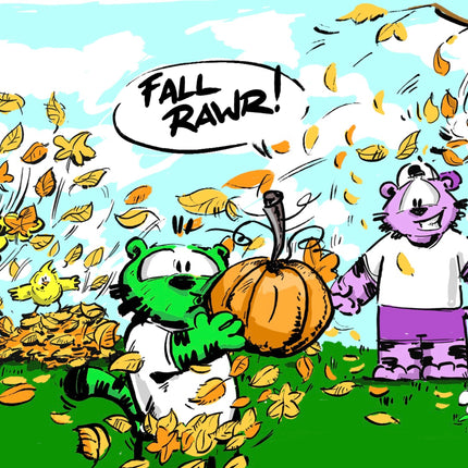 Illustration of TIGERS Fall Pumpkin collection characters playing in leaves and holding a pumpkin, celebrating autumn.