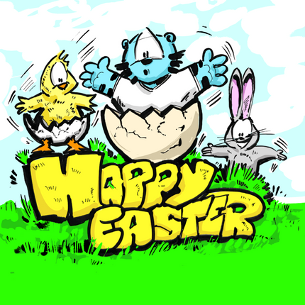 Happy Easter celebration illustration featuring a chick, a bear, and a bunny in a playful scene.