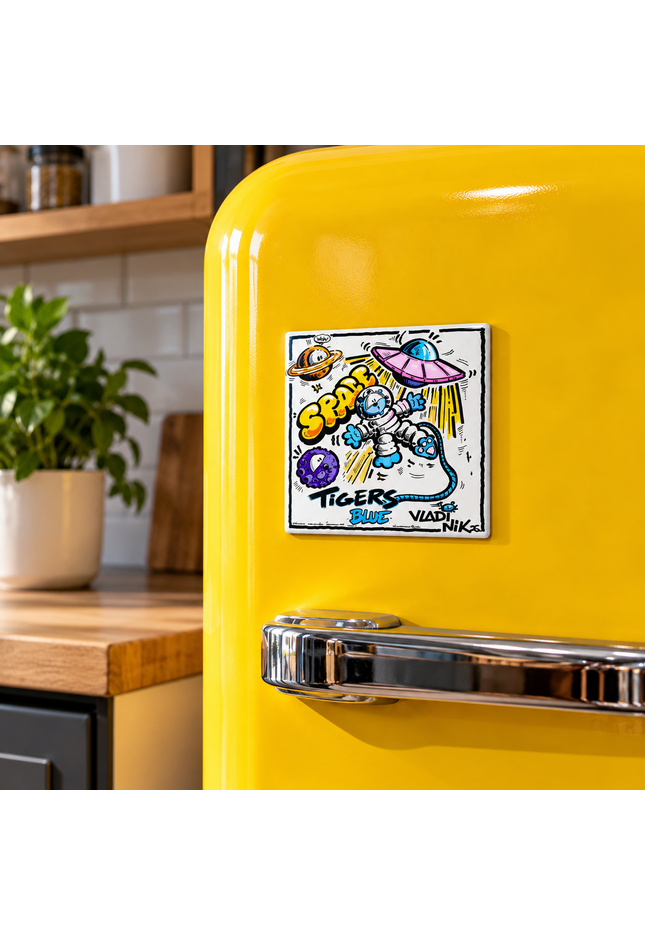 TIGERS SPACE magnet collectible featuring comic-style artwork on a vibrant yellow fridge.