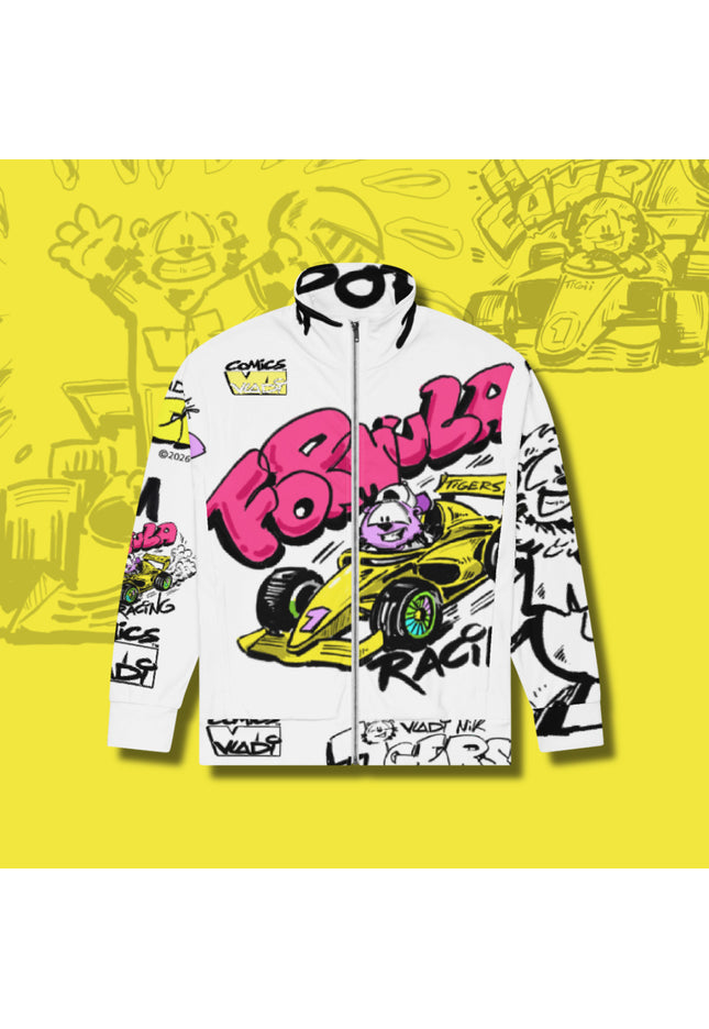 Formula racing track jacket with bold graphics showcasing TIGERS™ and VI COMICS™ design.