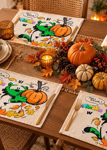 TIGERS FALL RAWR pumpkin placemat set featuring colorful comic art on a dining table with pumpkins and autumn decor.