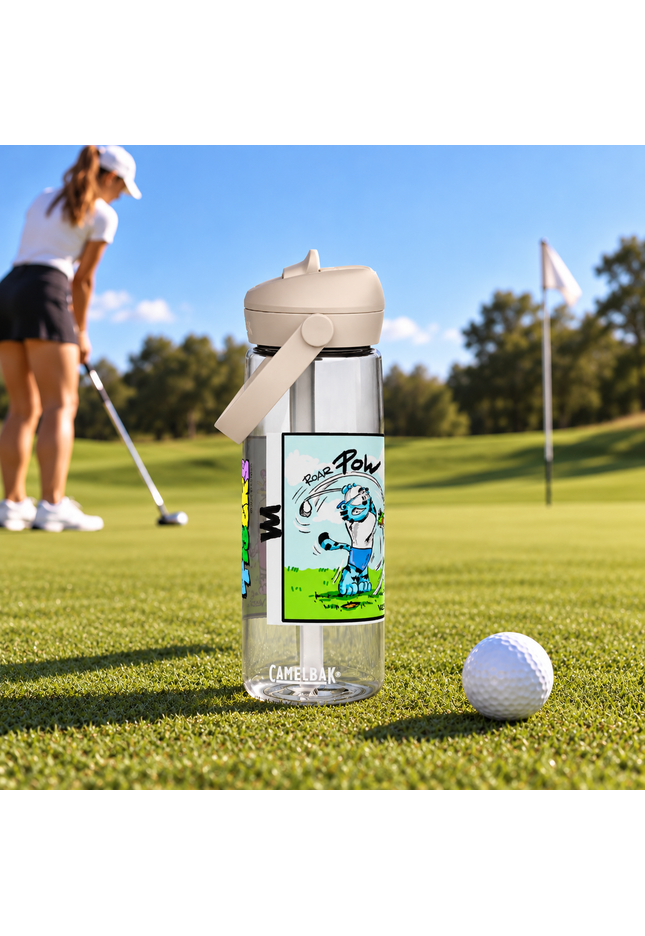 TIGERS Golf Water Bottle featuring Art VLADI NIK on a golf course, perfect for hydration during sports.
