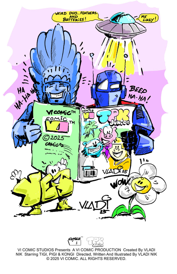 Chiefi and A.i.Boti reading a VI COMIC book while aliens watch from above