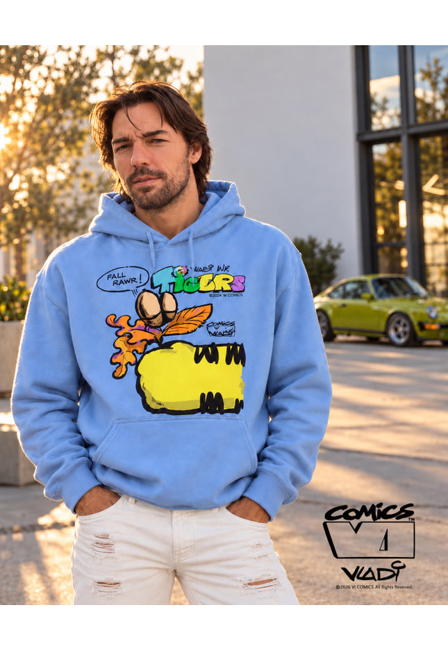 TIGERS™ FALL RAWR! Yellow Tiger Hoodie | Blue | VI COMICS™ | Art VLADI NIK