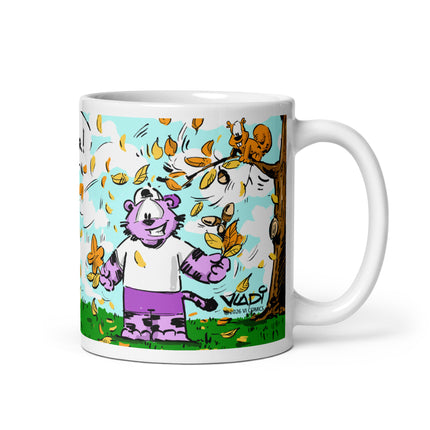 TIGERS Autumn Mug VI COMICS featuring original artwork with a tiger and squirrel celebrating autumn.