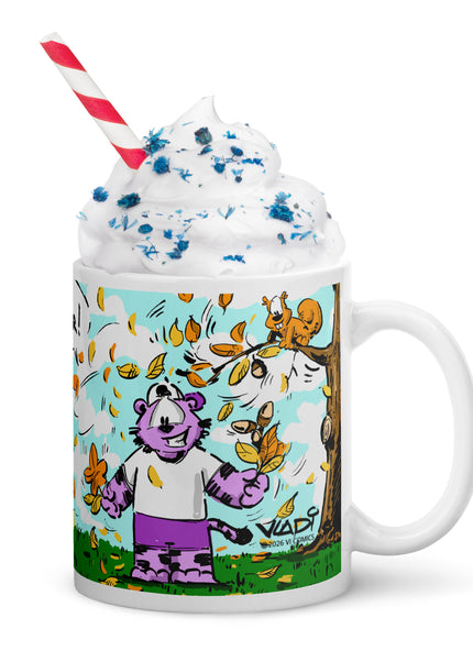 TIGERS Autumn ceramic mug featuring Purple Tiger with whipped cream and striped straw – VI COMICS – Art VLADI NIK