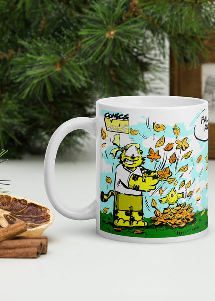 TIGERS Autumn ceramic mug featuring Yellow Tiger in a fall lifestyle setting – VI COMICS – Art VLADI NIK