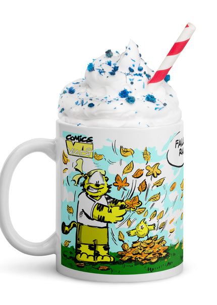 TIGERS Autumn ceramic mug featuring Yellow Tiger with whipped cream and striped straw – VI COMICS – Art VLADI NIK