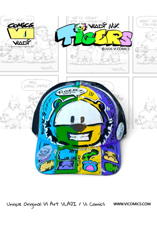 TIGERS Colour 1/1 original hand-painted collector hat by Art VLADI NIK for VI COMICS, featuring the original TIGERS characters