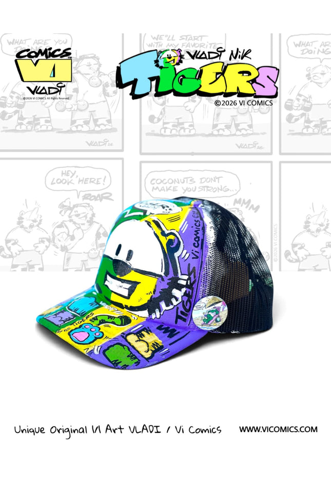 Side view of TIGERS Colour 1/1 original hand-painted collector hat by Art VLADI NIK for VI COMICS