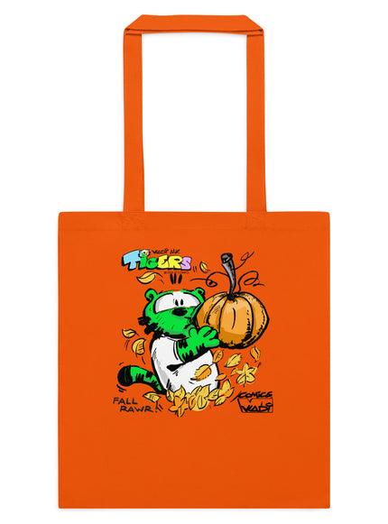 TIGERS Fall Rawr orange cotton tote bag featuring Green Tiger with a pumpkin, original comic artwork by Art VLADI NIK, VI COMICS