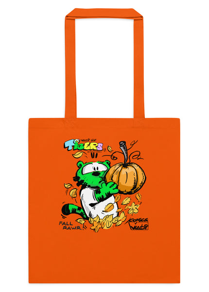 TIGERS Fall Rawr orange cotton tote bag featuring Green Tiger with a pumpkin, original comic artwork by Art VLADI NIK, VI COMICS