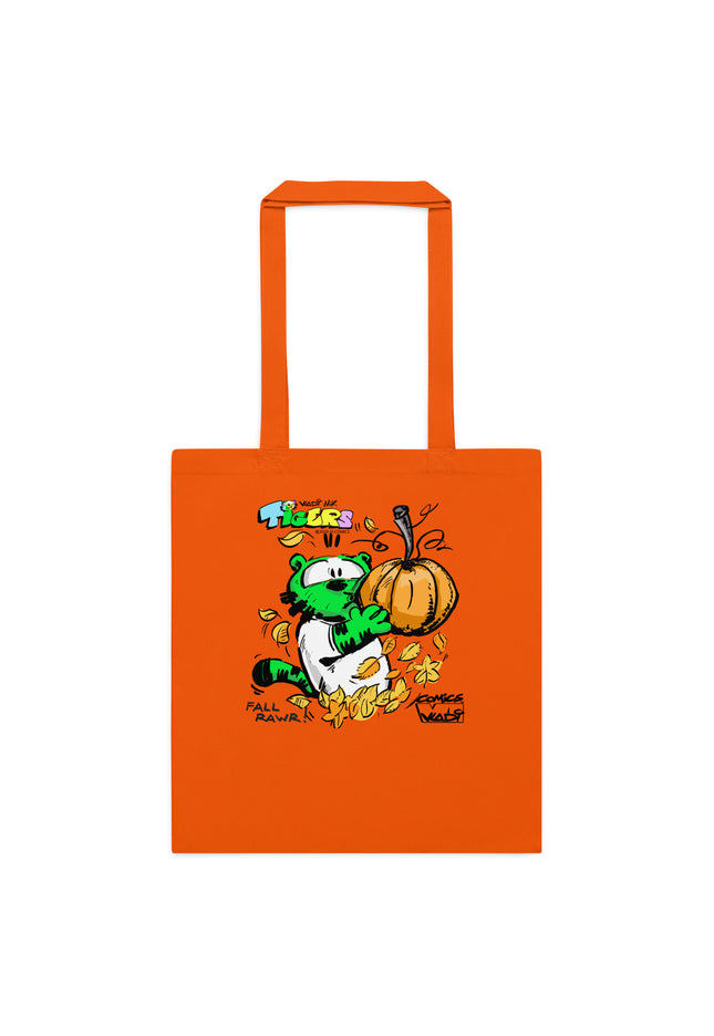 TIGERS Fall Rawr orange cotton tote bag featuring Green Tiger with a pumpkin, original comic artwork by Art VLADI NIK, VI COMICS