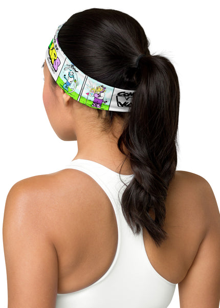 Woman wearing TIGERS GOLFING headband with original comic artwork – VI COMICS – Art VLADI NIK