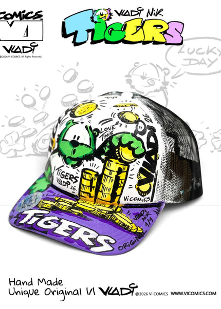 TIGERS Green Money 1/1 hand-painted collector hat by Art VLADI NIK, original VI COMICS artwork