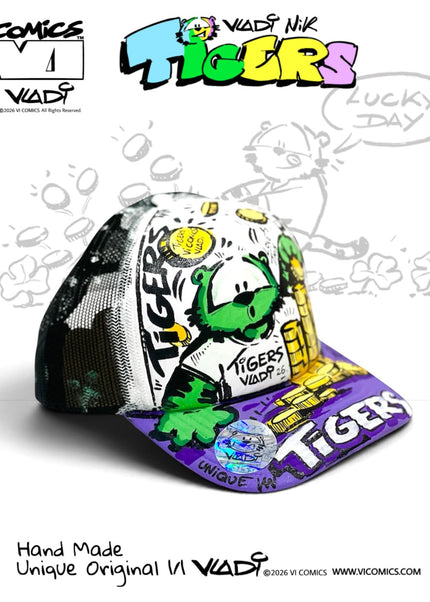 TIGERS Green Money hand-painted collector hat by Art VLADI NIK for VI COMICS, featuring Green Tiger and gold coins