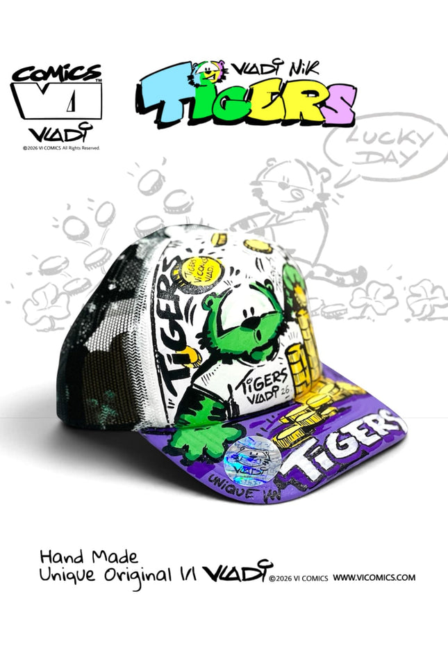 TIGERS Green Money hand-painted collector hat by Art VLADI NIK for VI COMICS, featuring Green Tiger and gold coins