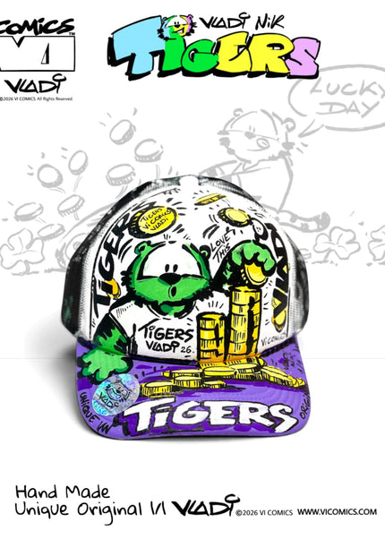 TIGERS Green Money 1/1 original hand-painted hat by Art VLADI NIK for VI COMICS, featuring Green Tiger with gold coins