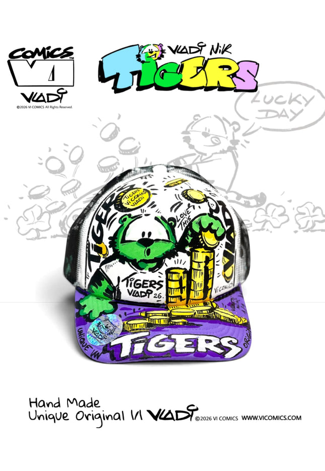 TIGERS Green Money 1/1 original hand-painted hat by Art VLADI NIK for VI COMICS, featuring Green Tiger with gold coins