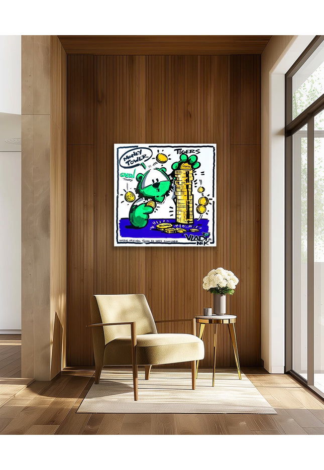 TIGERS Green Money Tower canvas print displayed in modern interior – VI COMICS – Art VLADI NIK