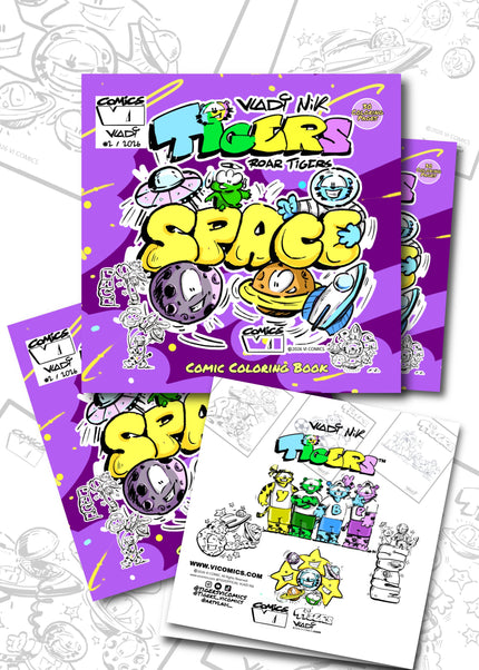 TIGERS space coloring book cover featuring colorful cosmic characters and comic-style artwork by Vladi Nik for VI COMICS™.