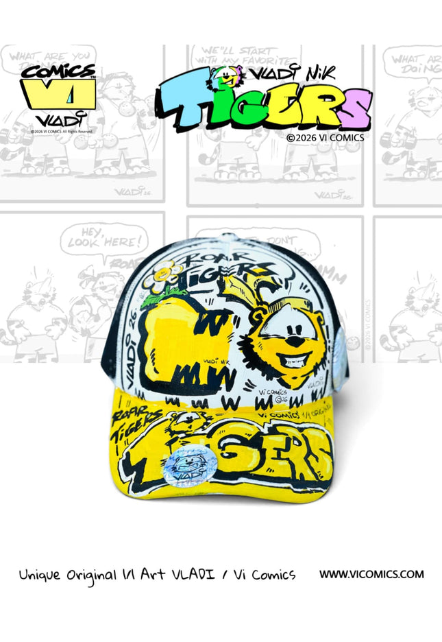 TIGERS Yellow 1/1 original hand-painted collector hat by Art VLADI NIK for VI COMICS, featuring the Yellow Tiger character