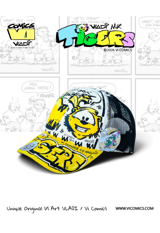 TIGERS Yellow 1/1 original hand-painted hat by Art VLADI NIK for VI COMICS, featuring the Yellow Tiger comic character