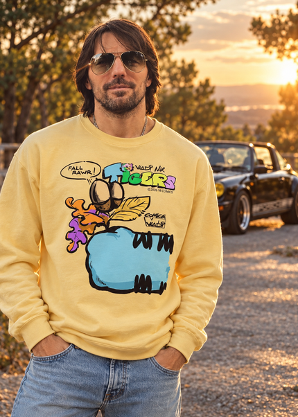 Man wearing TIGERS™ Blue Tiger sweatshirt from the VI COMICS™ Fall Collection with a classic sports car at sunset