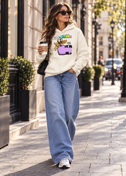 Woman wearing TIGERS™ Purple Tiger unisex hoodie from the VI COMICS™ Fall Collection on a city street