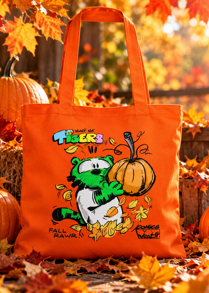 Orange TIGERS™ Fall Pumpkin Green Tiger cotton tote bag by VI COMICS™ surrounded by pumpkins and autumn leaves