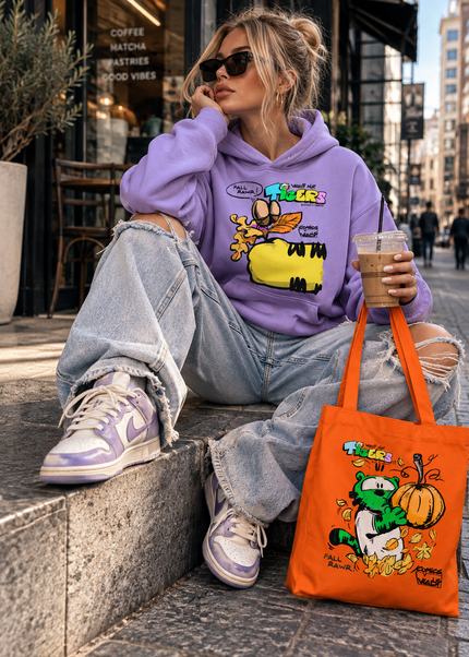 Woman with orange TIGERS™ Fall Pumpkin Green Tiger cotton tote bag by VI COMICS™