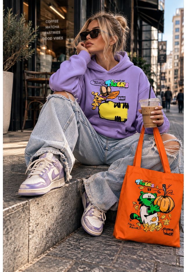 Woman with orange TIGERS™ Fall Pumpkin Green Tiger cotton tote bag by VI COMICS™