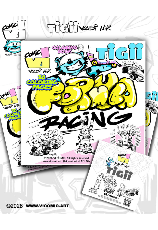 TiGii Formula Racing Coloring Book 3 by Vladi Nik / Vi Comic, Front Cover, Pop Art Coloring Pages for Kids and Adults