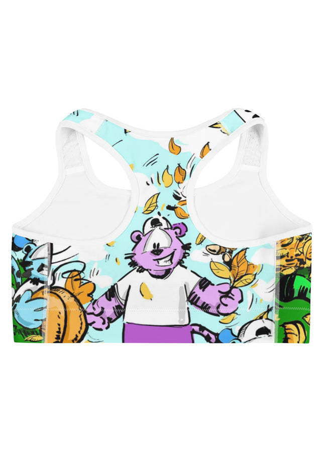 TIGERS FALL RAWR sports bra featuring vibrant autumn graphics and unique comic art design.