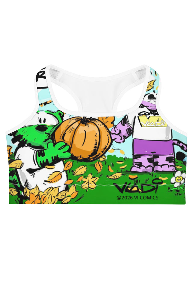 TIGERS FALL RAWR sports bra featuring vibrant autumn artwork and comic-themed design by Art VLADI NIK.