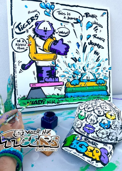Art VLADI NIK One of One TiGERS collector hat featuring original hand-drawn comic artwork and colorful tiger characters