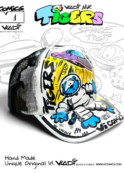 Hand-painted TIGERS Comics collector hat, One of One 1/1 original artwork by Art VLADI NIK for VI COMICS.