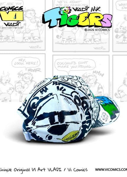 Original TiGERS Comics collector hat 1 of 1, hand-painted by Art VLADI NIK with Blue Green Yellow and Purple tiger characters