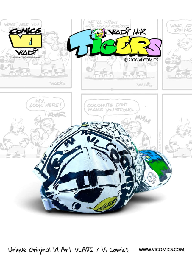 Original TiGERS Comics collector hat 1 of 1, hand-painted by Art VLADI NIK with Blue Green Yellow and Purple tiger characters