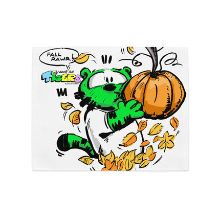 TIGERS FALL RAWR pumpkin placemat set featuring playful green tiger character with pumpkin and leaves.