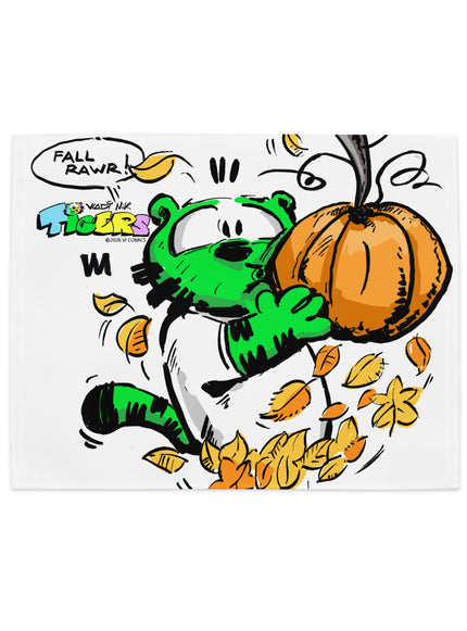TIGERS FALL RAWR pumpkin placemat set featuring playful green tiger character with pumpkin and leaves.