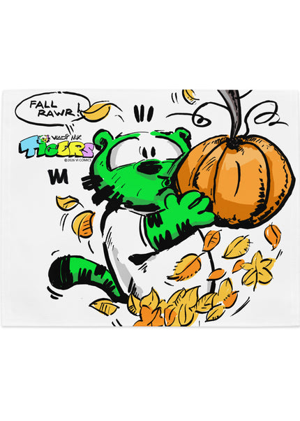 TIGERS FALL RAWR pumpkin placemat set featuring playful green tiger character with pumpkin and leaves.
