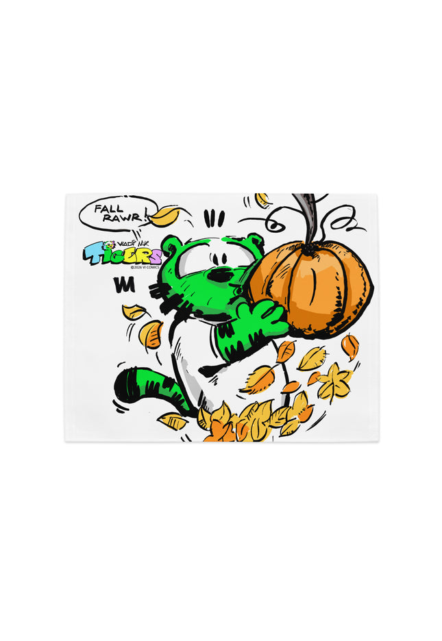 TIGERS FALL RAWR pumpkin placemat set featuring playful green tiger character with pumpkin and leaves.