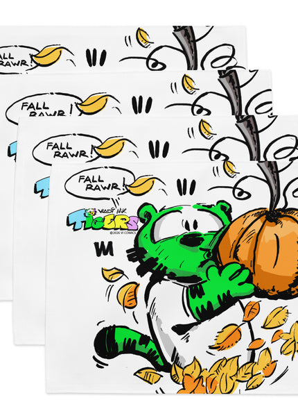TIGERS FALL RAWR pumpkin placemat set featuring colorful comic art with pumpkins and falling leaves.