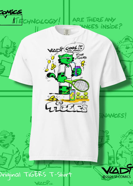TIGERS Easy Money Tennis T-Shirt featuring the Green Tiger with a tennis racket, created by ART VLADI for VI COMICS.