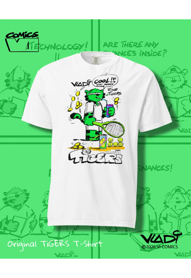 TIGERS Easy Money Tennis T-Shirt featuring the Green Tiger with a tennis racket, created by ART VLADI for VI COMICS.
