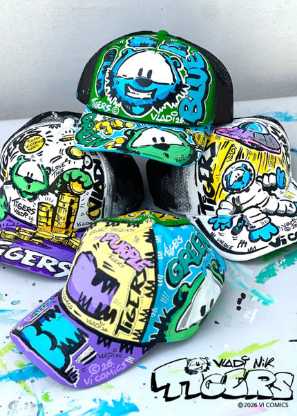 Unique TiGERS Comics collector hat, hand-painted original artwork by Art VLADI NIK, One of One 1/1