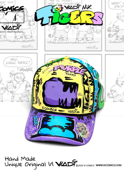 Hand-painted TiGERS Comics collector hat with original tiger details, One of One 1/1 by Art VLADI NIK
