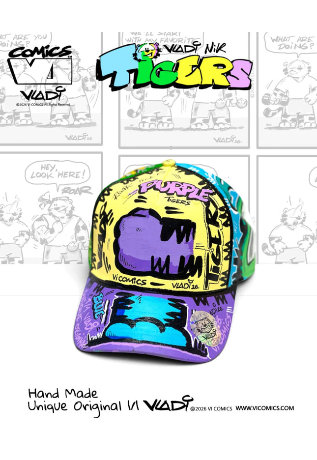 Hand-painted TiGERS Comics collector hat with original tiger details, One of One 1/1 by Art VLADI NIK
