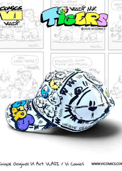 One of One TiGERS Comics hand-painted collector hat by Art VLADI NIK with original colorful tiger artwork
